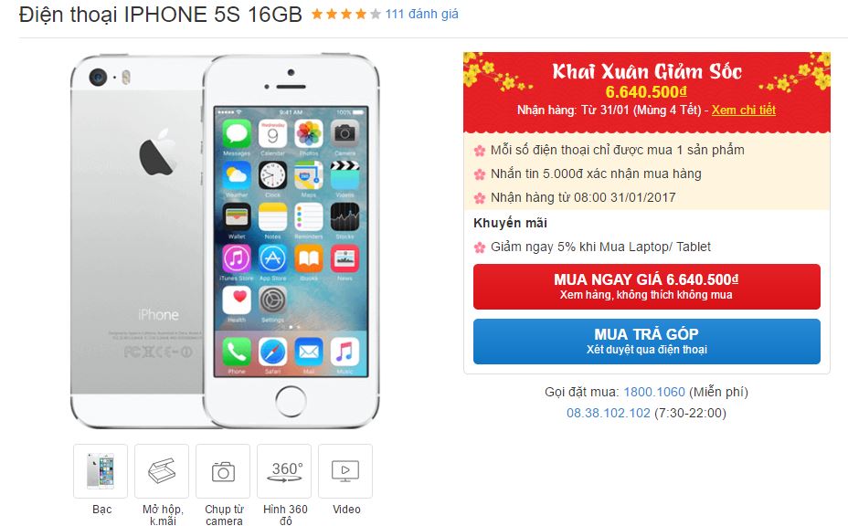 iPhone 5s với thiết kế đẹp không tì vết giảm giá dịp khai xuân
