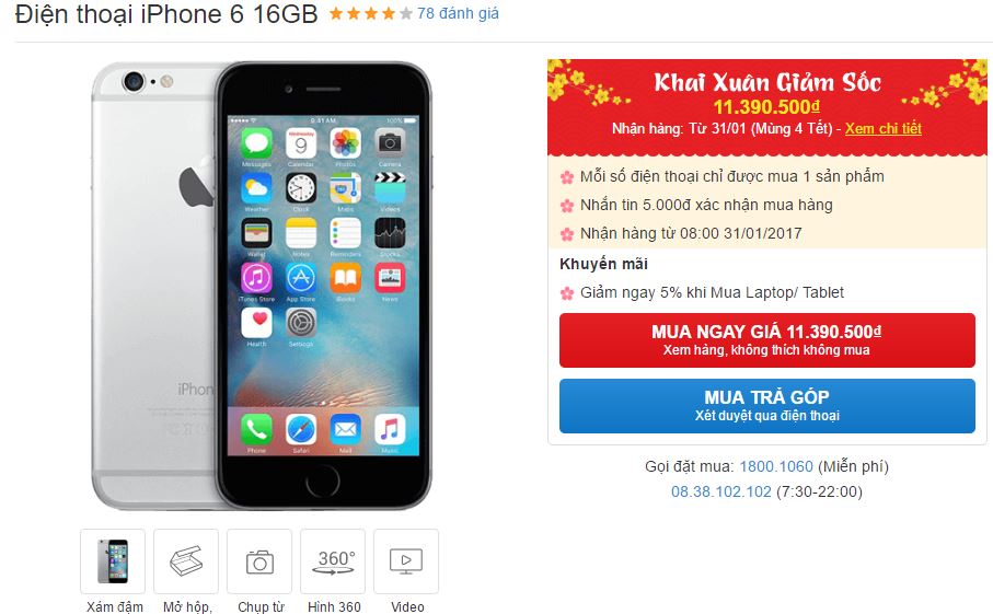 iPhone 6 giảm giá mạnh mẽ bản dịp Tết