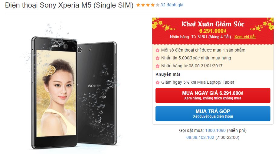 Xperia M5 có chống nước, camera 13/21MP giảm giá mạnh dịp Tết