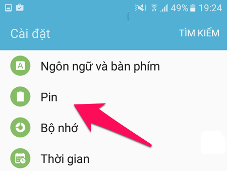 Cài đặt > pin