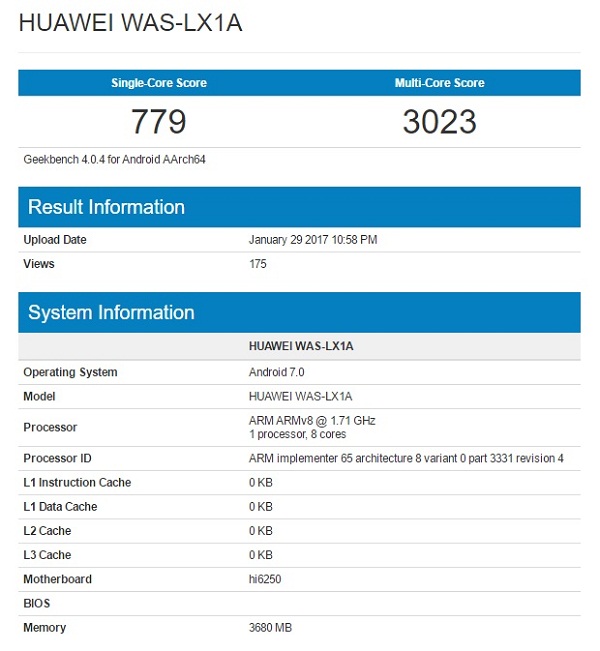 Thông số kỹ thuật được cho là của Huawei P10 Lite trên Geekbench 