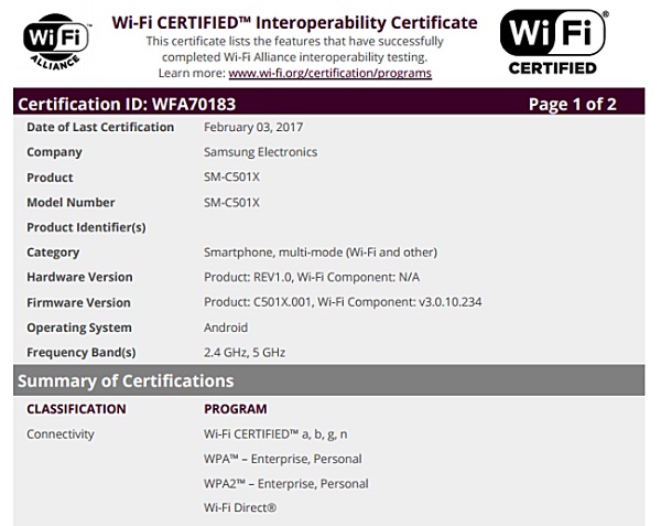 Chứng nhận WiFi được cho là của Galaxy C5 Pro phiên bản quốc tế