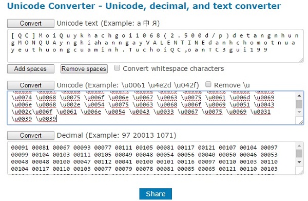 Nội dung đoạn tin nhắn được giải mã bằng công cụ chuyển đổi Unicode