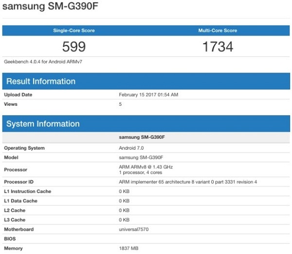 Thông tin được cho là của Galaxy Xcover 4 trên Geekbench