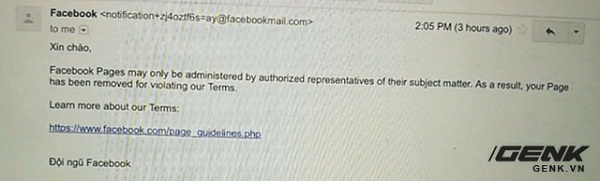 Thông báo mà anh Việt nhận được khi fanpage bị xóa 1