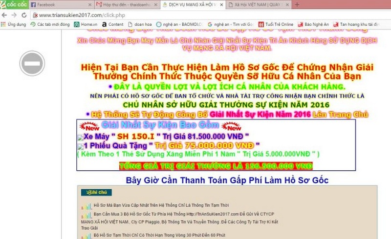 Thông báo trúng thưởng khi hoàn tất thủ tục đăng ký trên website http://triansukien2017.com