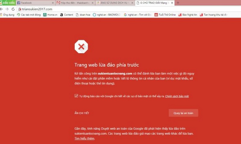 Tính năng duyệt web an toàn của Google cảnh báo lừa đảo khi truy cập trang web http://triansukien2017.com