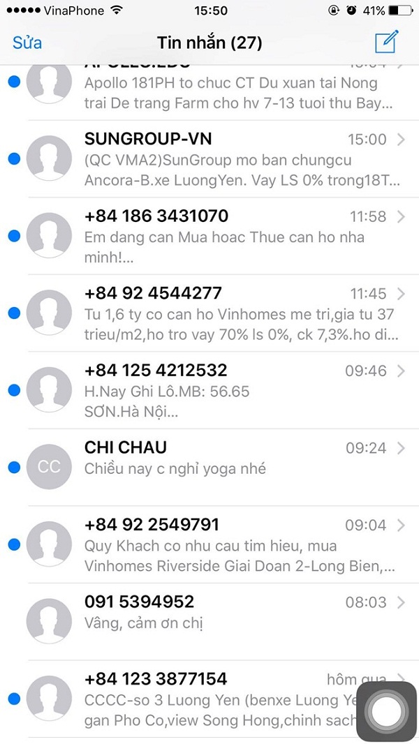 Chị Thu Hương nhận được hàng chục tin nhắn rác đủ loại nội dung chỉ trong một buổi trưa (Ảnh: Nhân vật cung cấp)