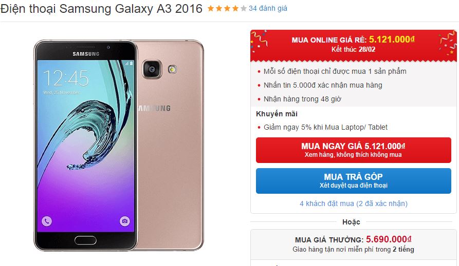 Galaxy A3 2016 với thiết kế cuốn hút, hỗ trợ 4G giảm giá mạnh mẽ