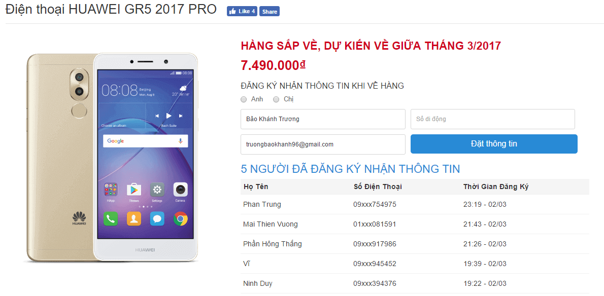 Đối thủ OPPO F1s 2017 có giá bán chính thức