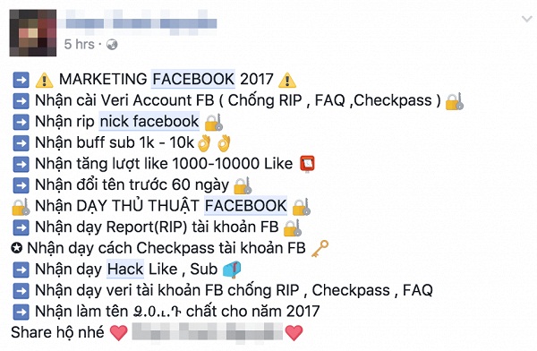 Tràn lan dịch vụ hack tài khoản trên Facebook, công khai quảng cáo mình ăn cắp c