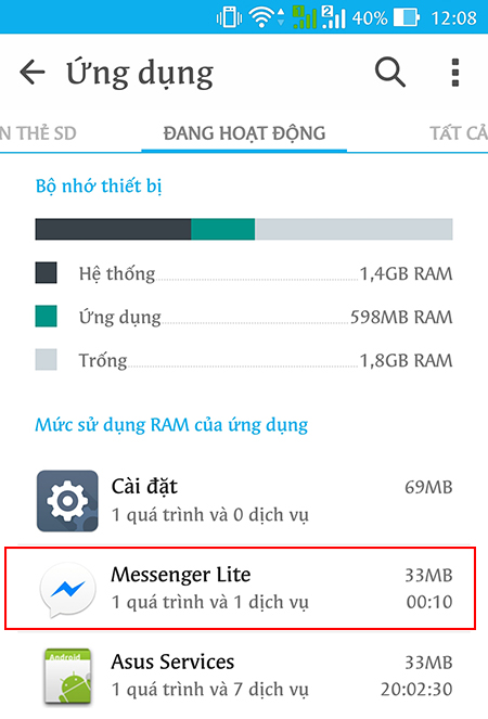 Đây là dung lượng chiếm RAM khi sử dụng Facebook Messenger Lite (chỉ chiếm tầm 33 MB RAM)