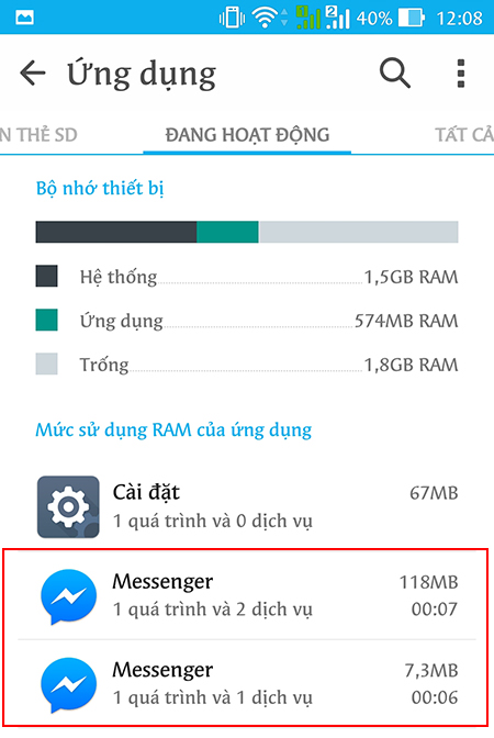 Đây là dung lượng chiếm RAM khi sử dụng Facebook Messnger thông thường (chiếm gần tới 120 MB RAM)