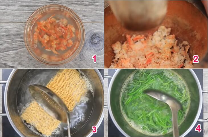 How to make shrimp noodles mixed with water spinach, delicious dried shrimp
