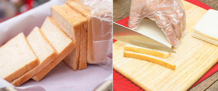 Cắt lấy viền bánh mì sandwich, sau đó cắt hạt lựu Cắt lấy viền bánh mì sandwich, sau đó cắt hạt lựu