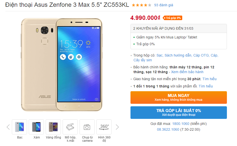 Zenfone 3 Max màn hình 5.5 inch, pin 4.100 mAh giảm giá hấp dẫn dịp 8/3