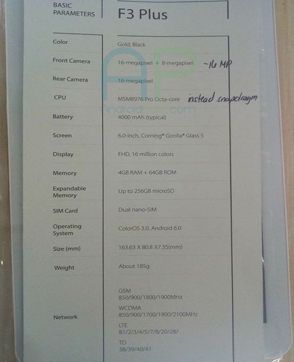 Thông số kỹ thuật được cho là của OPPO F3 Plus Thông số kỹ thuật được cho là của OPPO F3 Plus