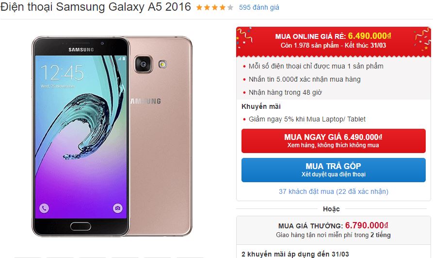 Galaxy A5 2016 tiếp tục được giảm giá khi mua online