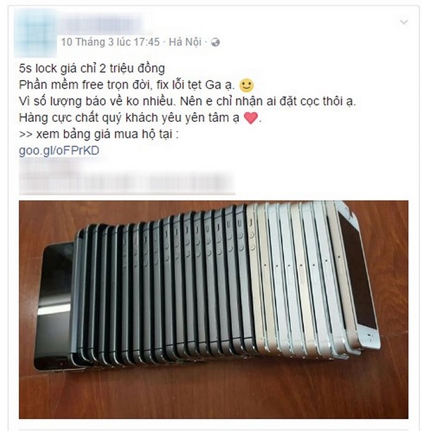 Cửa hàng rao bán iPhone 5S khóa mạng giá 2 triệu đồng. Ảnh chụp màn hình. Cửa hàng rao bán iPhone 5S khóa mạng giá 2 triệu đồng. Ảnh chụp màn hình.