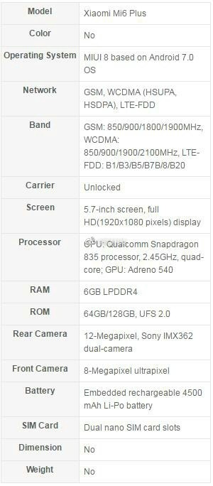 Mi 6 Plus Mi 6 Plus