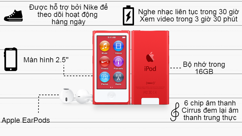 apple iPod Nano Red nghe nhạc hay, thiết kế ấn tượng
