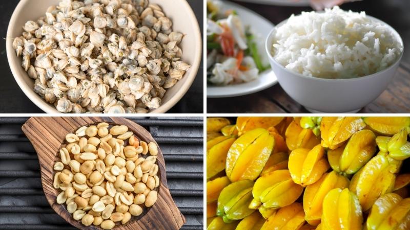 Ingredients for clam rice, including clams, rice, herbs, and seasonings.