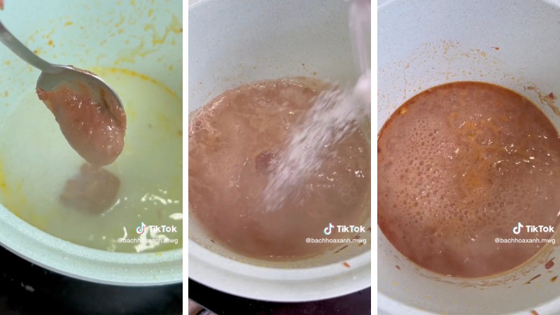 Preparing the clam broth by mixing the cooking liquid with shrimp paste and sugar.