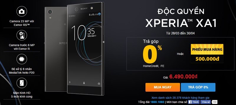 Xperia XA1 có giá bán chính thức và cho phép đặt hàng trước tại TGDĐ
