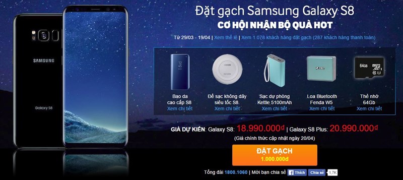 Chỉ trong 1 buổi, Galaxy S8 đã cán mốc 1000 khách hàng đặt trước