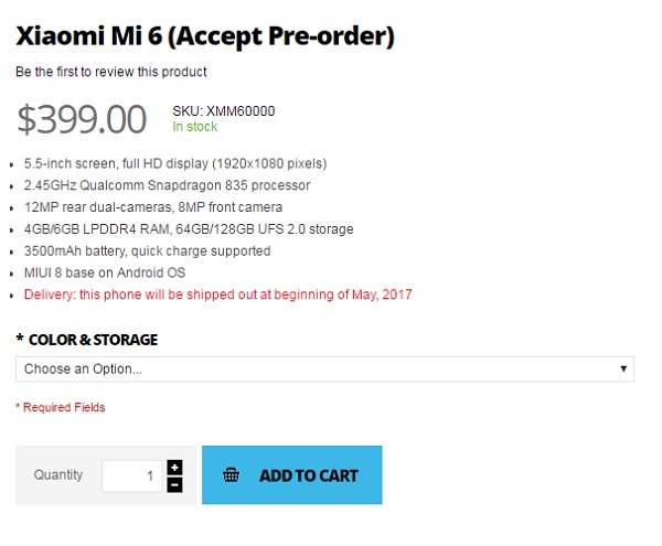 Thông tin đặt hàng Xiaomi Mi 6 trên Giztop Thông tin đặt hàng Xiaomi Mi 6 trên Giztop