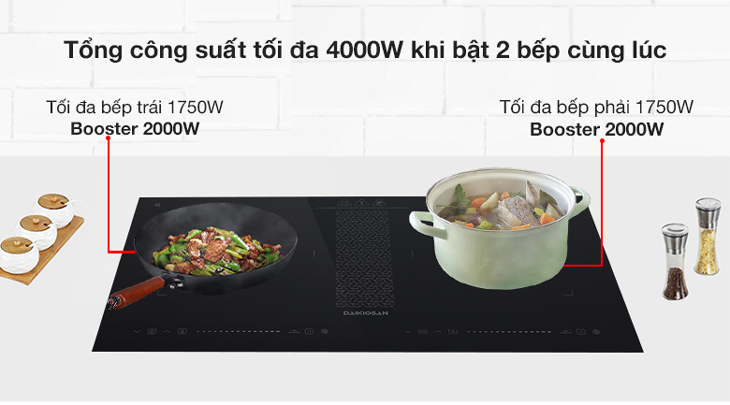 Bếp từ đôi lắp âm Daikiosan DKT-200007 có tổng công suất 4000W giúp nấu ăn nhanh chóng, tiết kiệm thời gian