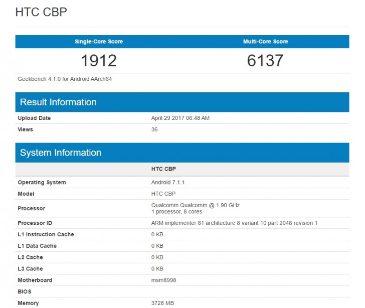 HTC U 11 xuất hiện trên GeekBench: Snapdragon 835, RAM 4 GB, Android 7 Nougat