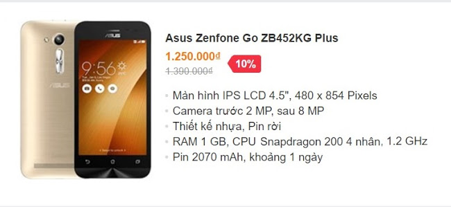Asus Zenfone Go ZB452KG Plus – giá bán 1.25 triệu đồng Asus Zenfone Go ZB452KG Plus – giá bán 1.25 triệu đồng