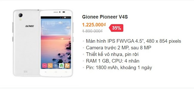 Gionee Pioneer V4S – giá bán 1.225 triệu đồng Gionee Pioneer V4S – giá bán 1.225 triệu đồng
