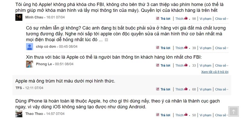 Phản hồi của người dùng về chính sách bảo mật của Apple