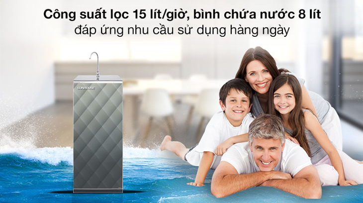 Máy lọc nước RO Sunhouse SHA8858K 8 lõi có công suất lọc 10 - 15 lít/giờ đáp ứng đầy đủ nhu cầu sử dụng nước sạch cho cả gia đình bạn