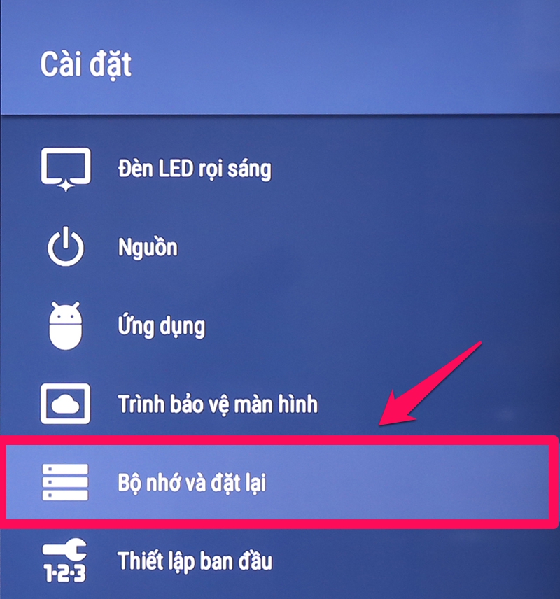 Chọn Bộ nhớ và Cài đặt lại