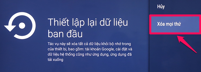 Chọn xóa dữ liệu