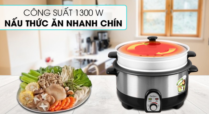 Nồi lẩu điện Delites CBR35-80 3.5 lít có công suất 1300W giúp nấu nhanh, tiết kiệm thời gian