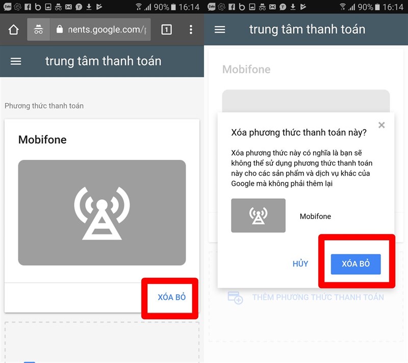 Xóa bỏ thanh toán từ MobiFone