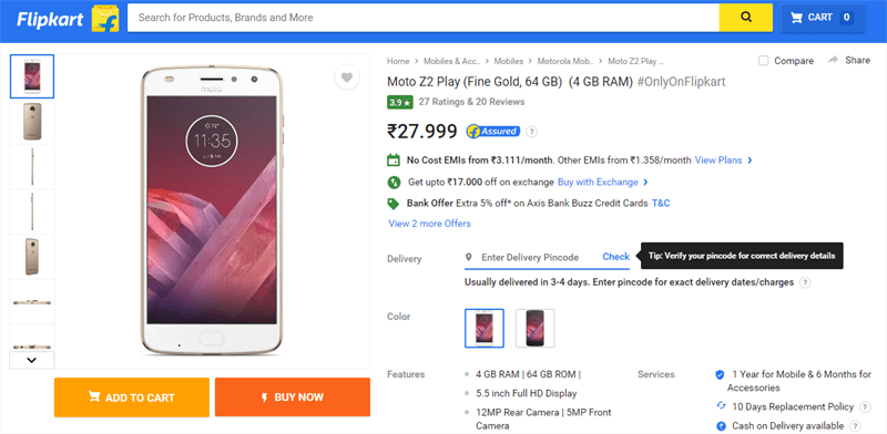 Motorola Moto Z2 Play được bán trên Flipkart