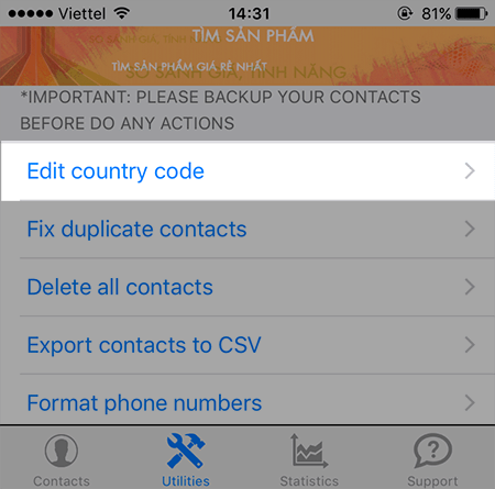 Chọn mục Edit country code.