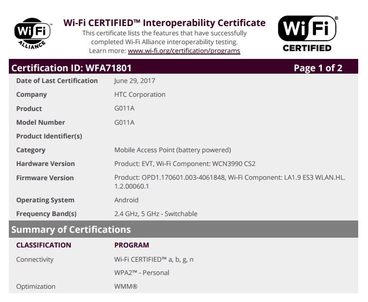 HTC G011A được chứng nhận thông qua cơ quan Wi-Fi Alliance HTC G011A được chứng nhận thông qua cơ quan Wi-Fi Alliance