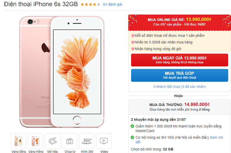 iPhone 6s 32GB giảm giá