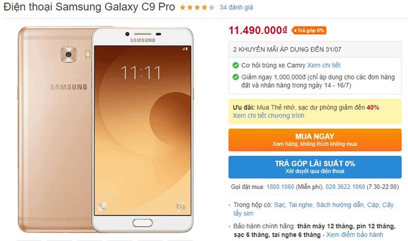 Galaxy C9 Pro Camera 16/16 Mp, Ram 6Gb Hạ Giá Mạnh