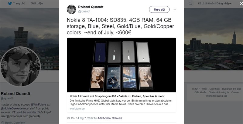 Đây là thông tin cấu hình cơ bản, giá bán và ngày lên kệ của Nokia 8