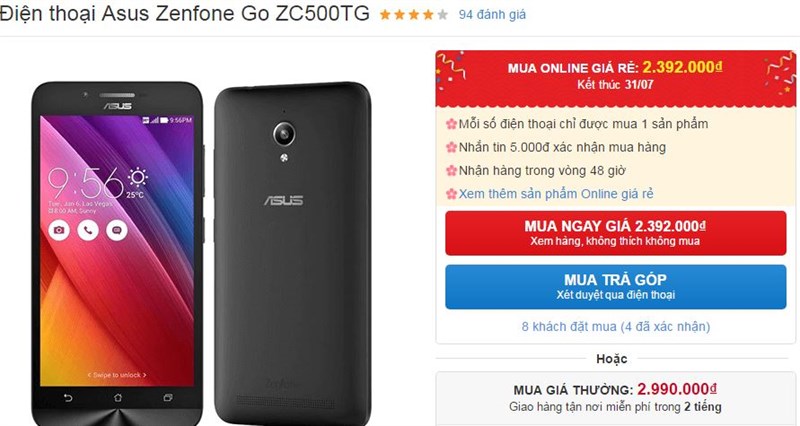 ZenFone Go RAM 2 GB, màn hình 5 inch HD giảm giá mạnh chỉ còn hơn 2 triệu đồng