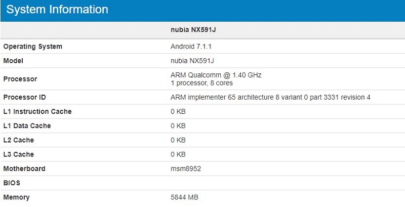 Nubia Z17 Lite lộ diện trên Geekbench
