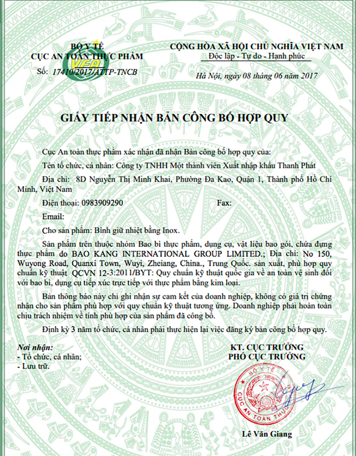 Giấy phép chứng nhận an toàn khi sử dụng của Bộ Y tế cấp cho bình giữ nhiệt Delites