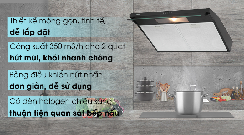 Máy hút mùi còn tích hợp thêm các tính năng như đèn chỉ báo thay đổi bộ lọc sáng, chế độ vận hành yên tĩnh hay chế độ kiểm soát chất lượng không khí...